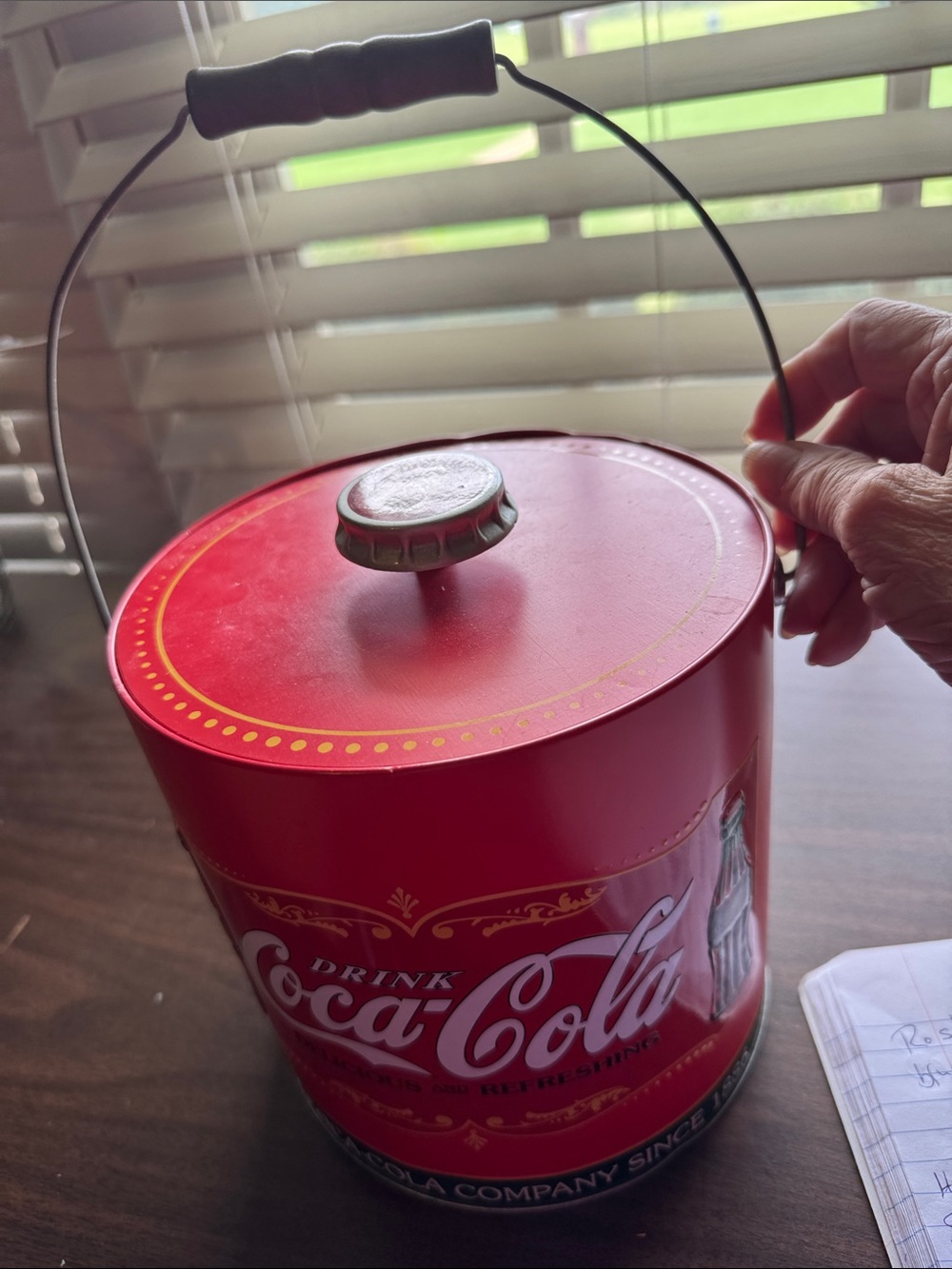 Coca-Cola Red Tin Ice Pail with Bottle Cap Knob